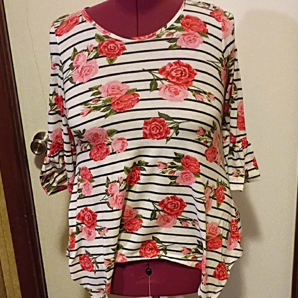 Bobbie Brooks Pink Floral Striped Blouse